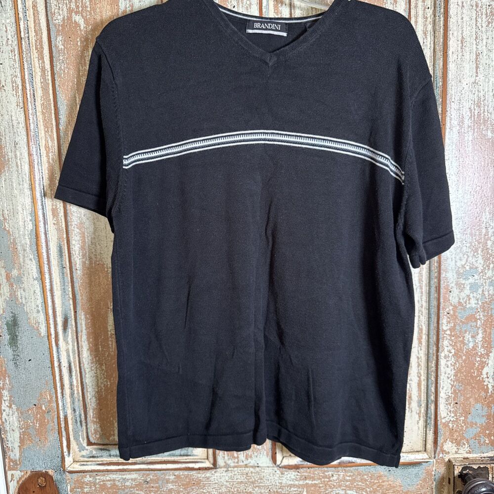 Men’s Black L Brandini Short Sleeved Sweater Chest Stripe V Neck